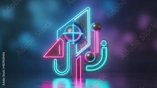 Neon geometric 3D shapes glowing in vibrant blue and pink, creating a modern futuristic abstract composition.