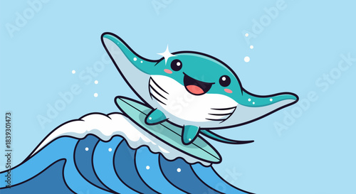 Cute Cartoon Manta Ray Surfing on a Wave.