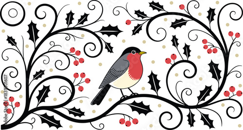 Robin perched on a holly branch with red berries and decorative swirls bird