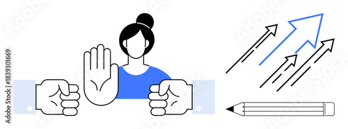 Conflict management, workplace communication, business success, creativity, leadership development, teamwork. Illustration of a woman with a stop gesture, upward arrows and a pencil. Conflict