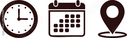 Time, date, and location essential icons set: simple flat clock, calendar, and map pin silhouettes for planning and events