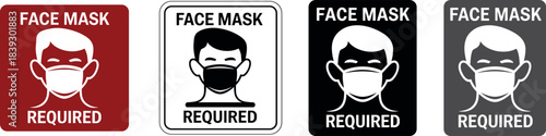 Face mask required signs illustration, health safety pandemic prevention symbols set