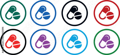Collection of diverse colored pill and capsule  medicine, pill, capsule, icon, healthcare, icons in circular frames, representing healthcare