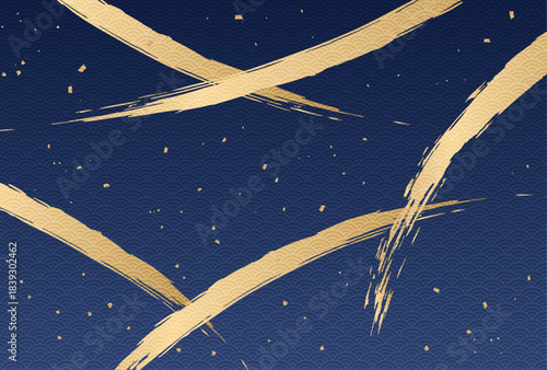 青海波模様を透かした紺色背景に金色の筆致が華やかに彩る和風デザイン背景｜青海波,金,筆致,和風,背景