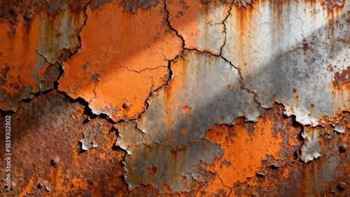 Heavily corroded oxidized metal texture displaying dramatically cracked orange paint flaking away over rough rusty substrate.