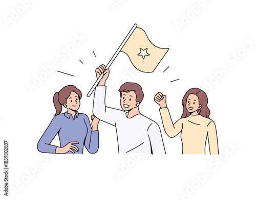 Leader holding a flag while colleagues cheer for achievement. Leadership concept Illustration. Successful team celebrating business victory. Teamwork and leadership. Vector flat design.