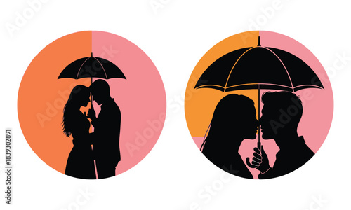 Romantic couple silhouettes under umbrella in split color circles illustration