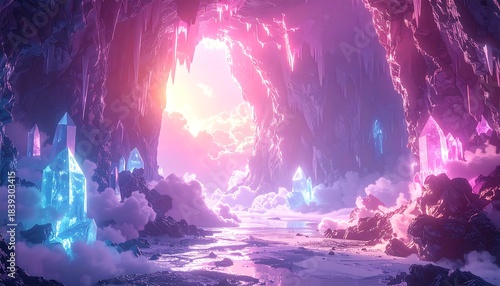 Ethereal landscape inside a cave with glowing crystals, pink clouds, and soft lighting