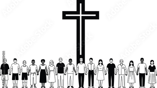 Multicultural people holding hands, unity in faith, Christian cross symbol, inclusive community, religious diversity, flat vector illustration for stock use