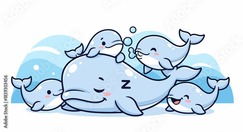 Cute cartoon whale sleeping peacefully surrounded by happy baby dolphins.