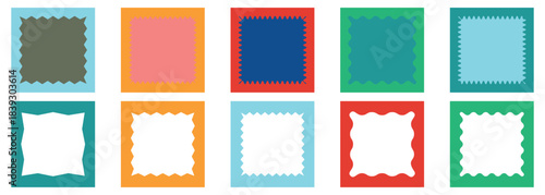 Corrugated wavy frame border frames. Zig zag wavy edge shapes frame box vector illustration. Rectangle shape frame with zigzag edge. Retro abstract curved shaped frames with geometric patterns.