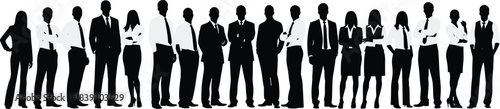 Business professionals standing in line, corporate teamwork, diverse office staff silhouette, formal attire, unity in workplace, flat vector illustration