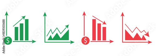 Growing and decline graph icon set. set of percent growing graph icon. Chart increase decrease arrow icon set. business graph or chart, colorful, vector illustration. 