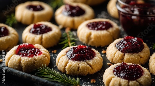 Holiday Raspberry Thumbprint Cookies on Baking Tray with Sugar Crust — Christmas Dessert Food Photography