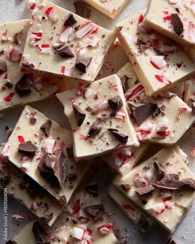 White Chocolate Peppermint Bark with Dark Chocolate Chunks — Festive Christmas Candy Food Photography