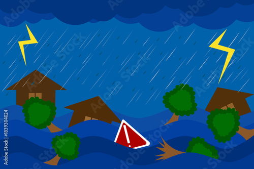 Flood Disaster Vector Illustration with Heavy Rain and Warning Sign