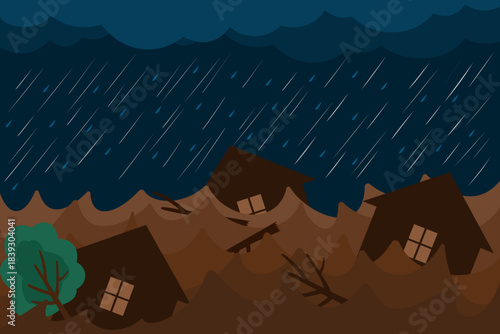 Illustration of a powerful flash flood impacting a small village, with muddy water, heavy rain, and fallen trees.
