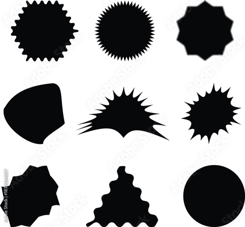 Collection of varied black burst shape silhouettes on a white transparent background