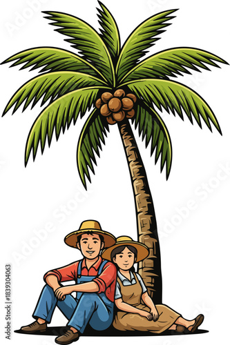 Coconut Tree Farmers Resting Together Vector Illustration