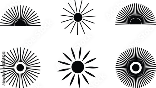 Various sun symbols with radial linear and organic elements are displayed against white