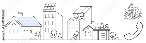 Sustainability, green energy, architecture, renewable resources, urban planning, eco-friendliness. Solar-panel houses, buildings with greenery flowers and a phone receiver. Sustainability and green