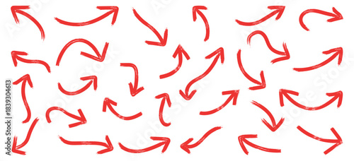 Various red brush drawn curved arrows. Creative arrows in grunge style, vector collection, beautiful and stylish. Arrow drawn hand vector line icon set. 