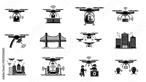 Collection of drone and urban environment icons including flying devices and cityscape illustrations