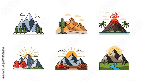 Collection of diverse volcano and mountain illustrations in minimalistic style for nature and