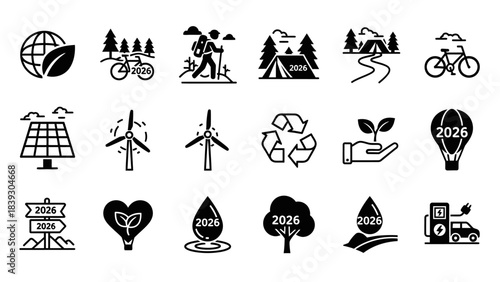 Collection of eco-friendly and renewable energy icons illustrating sustainability and