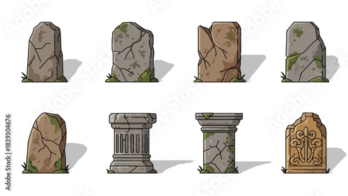 Collection of eight illustrated ancient and weathered stone and monument structures with detailed