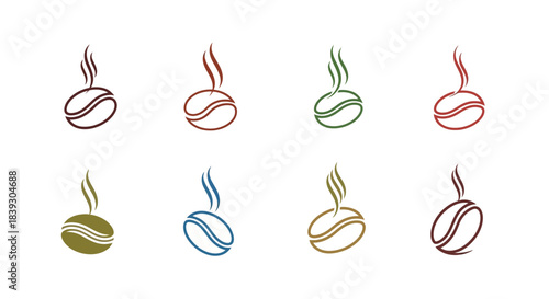 Collection of Eight Different Colorful Coffee Bean Emoji Icons with Steam Vapor