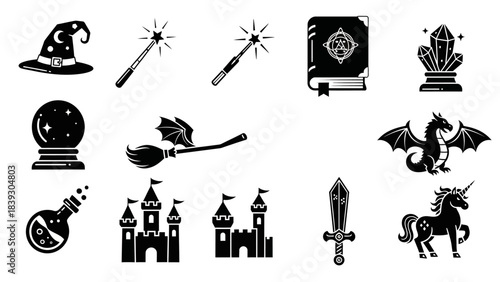 Collection of magical fantasy icons including wizard hat wand castle and dragon