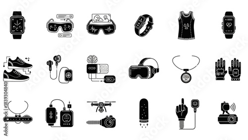 Collection of Modern Wearable Technology Devices and Gadgets Illustrating Health and Fitness