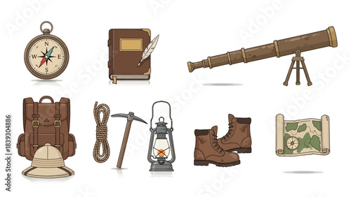 Collection of outdoor adventure gear including a GPS compass map binoculars boots and tent