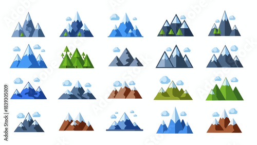 Collection of stylized mountain illustrations with varied colors and cloud accents for nature