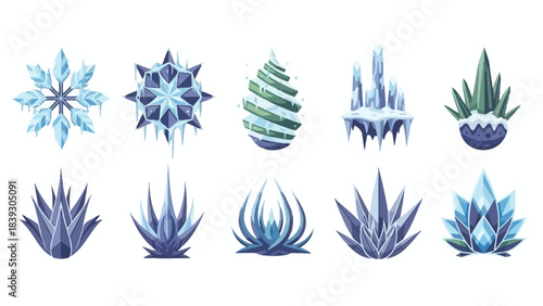 Collection of Various Artistic Snowflake and Ice Crystal Illustrations with Blue and Green Tones