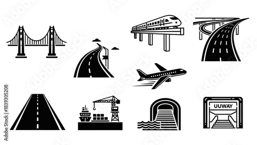 Collection of Various Transportation Infrastructure and Vehicles in Black and White Illustration