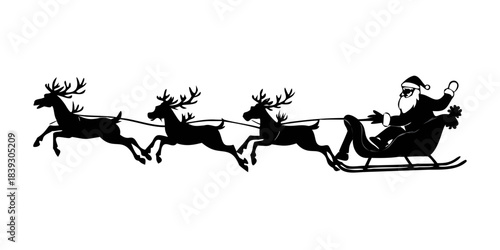 Vector Christmas black and white illustration with Santa Claus riding his sleigh pulled by reindeers. vector icon
