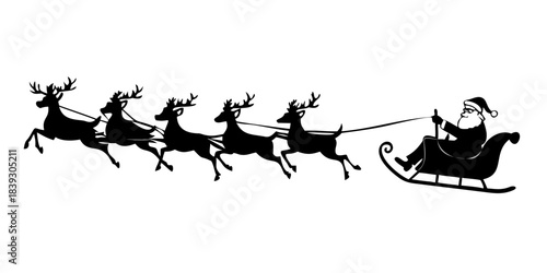 Vector Christmas black and white illustration with Santa Claus riding his sleigh pulled by reindeers. vector icon