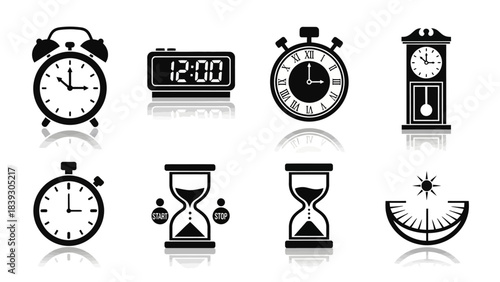 Collection of Various Types of Clocks and Timers Including Analog Digital and Sand Timer Icons