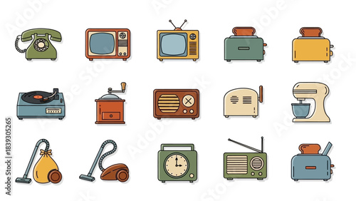 Collection of Vintage and Modern Retro Electronics and Household Devices Illustration