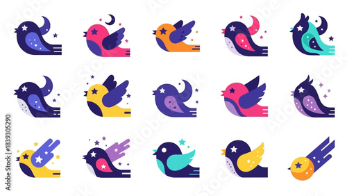 Collection of whimsical hand-drawn illustrations of mystical flying creatures with celestial