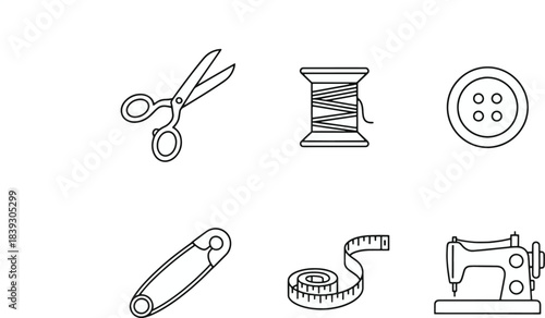 Sewing, tailoring, and needlework tools icon set. Linear style vector illustration.