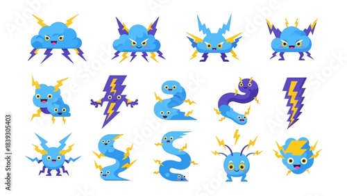 Cute and Playful Cartoon Cloud Lightning Monster Characters Collection for Kids