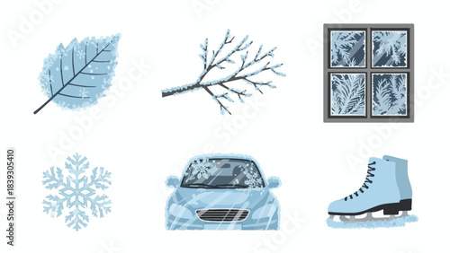 cozy winter scene with frosted leaves snowflake car ice skate and window decorations