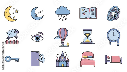 Cute illustrated set of sleep and relaxation icons including moons stars and bed scenes