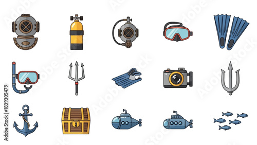 Diving Equipment and Gear Items for Snorkeling and Scuba Activities Collection