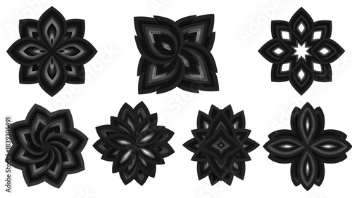 Elegant black floral mandala patterns with intricate symmetrical designs for decorative use