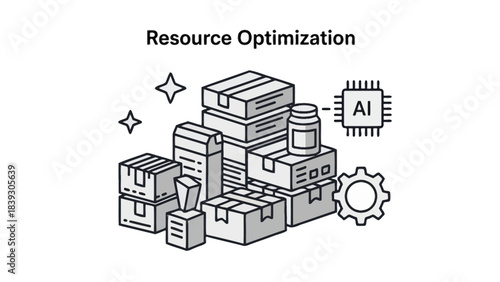illustration of resource optimization concept with boxes gear and AI elements for efficient