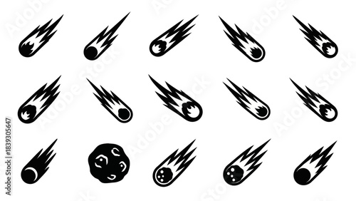 Illustration of multiple meteor or fireball icons with various designs and shapes on a white